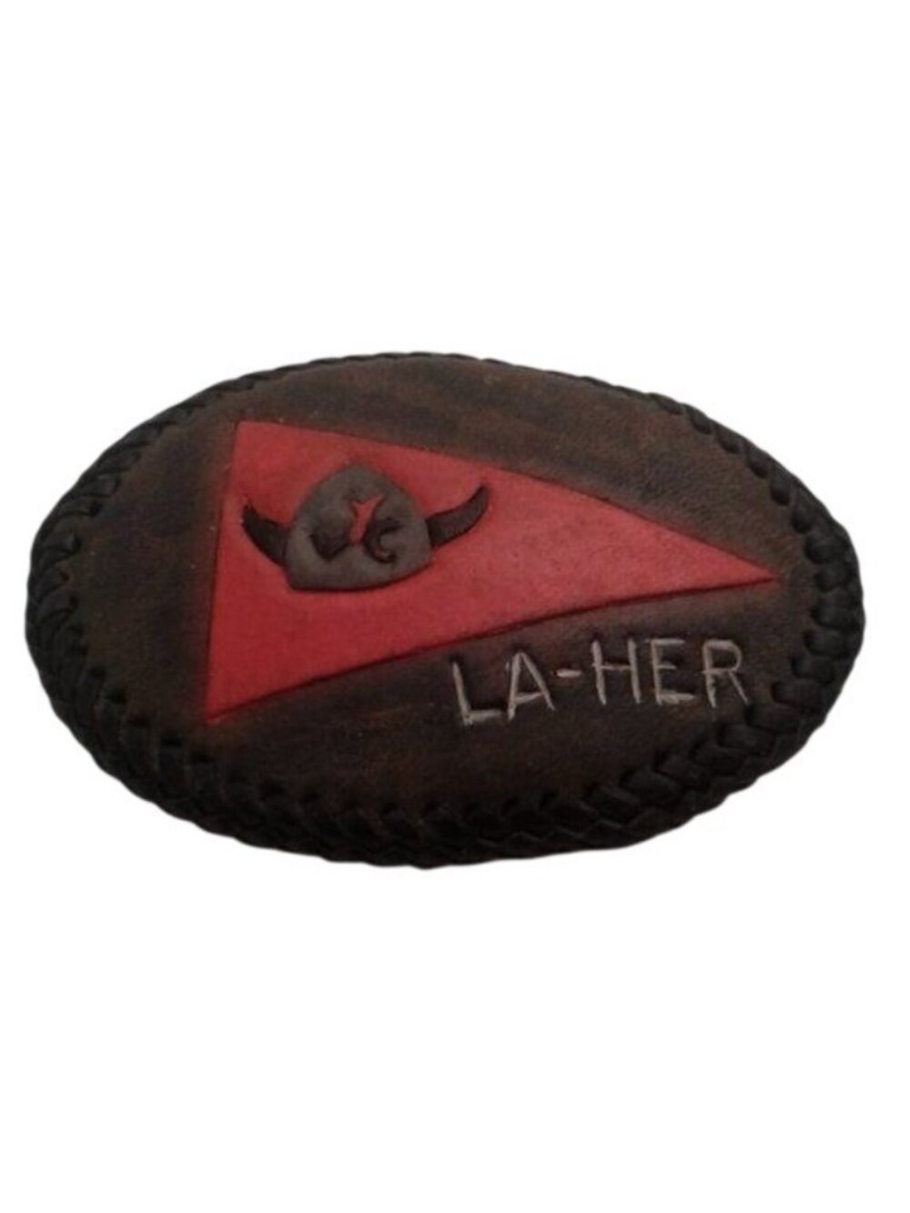 Vintage La-Her Tooled Leather Belt Buckle With Red & Black Viking Design